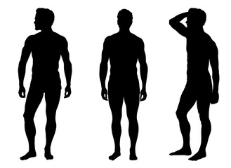 Three silhouettes of young handsome men with athletic body. Standing shirtless men in different poses wearing shorts.
