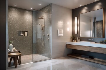 Spacious Mosaic Shower with Contemporary Chrome Accents. - obrazy, fototapety, plakaty