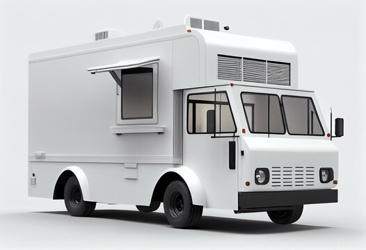 White realistic food truck isolated on white. 3d rendering. Generative AI