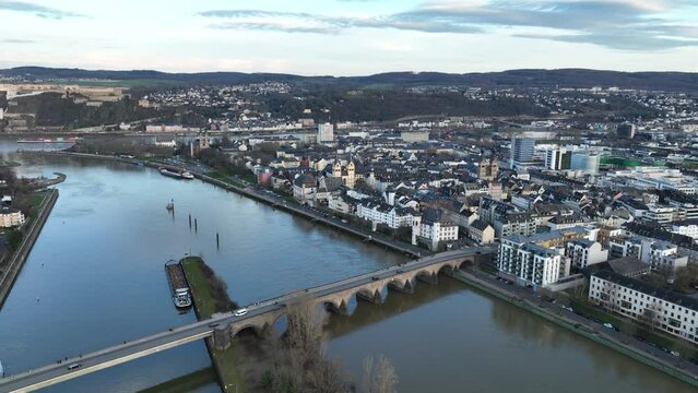 Koblenz Balduinbrucke and historic city center.