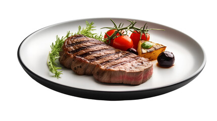 Grilled Steak in Plate Isolated on White Background, Image Ai Generated