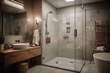 Contemporary Bathroom Interior with Glass Shower Cabin, Wooden Vanity, and Freestanding Bathtub