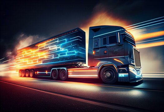 Modern High Speed Truck With Trailer In Motion With Technology Lights Background (3D Illustration). Generative AI