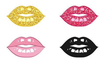 Set of colorful woman lips, isolated on a white background. Black and white, pink, with gold and red glitter texture. Vector decorative female lips for cover, website, sign, label, emblem and print