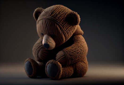 creative Child social concept. lost childhood, loneliness, pain and depression. Sad brown bear looking down isolated. view, mock up, copy space. Generative AI
