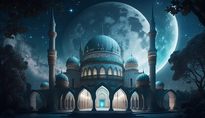 Illustration mosque, starry night theme