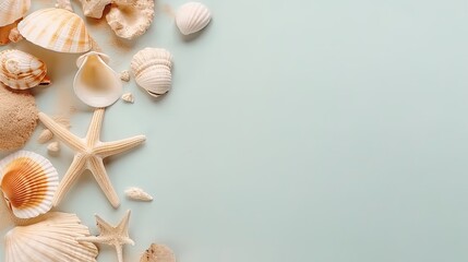 Fototapeta na wymiar Copyspace background with summer seashell decor. Wallpaper template created using generative AI Tools.