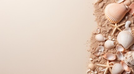Obraz premium Copyspace background with summer seashell decor. Wallpaper template created using generative AI Tools.