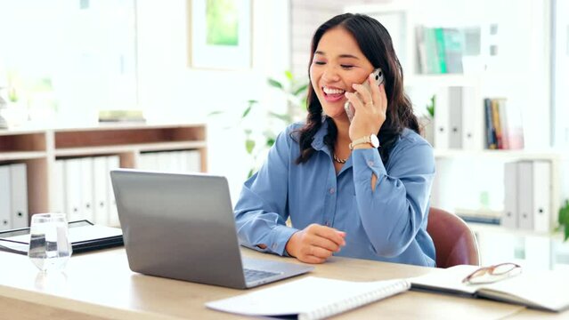 Woman talking, phone call and laptop in business communication, office online chat or company networking. Happy Asian person or employee on cellphone, client support or multitasking on computer tech