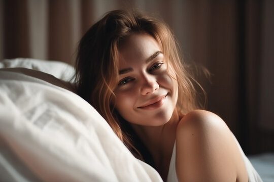 Young woman waking up in a sunny morning. Created with Generative AI technology.
