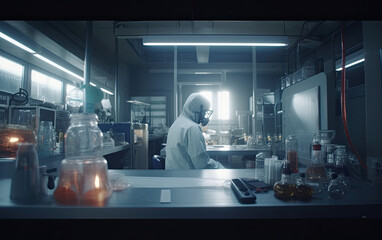 scientist researcher in a bright hi-tech laboratory working at desk wearing protection equipment, Generative AI