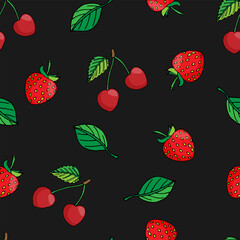 vector illustration seamless pattern strawberry and cherry on black background