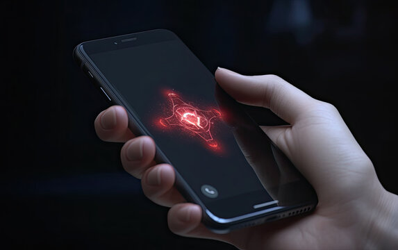 human hand holding smartphone with bright red fractal image on screen, Generative AI