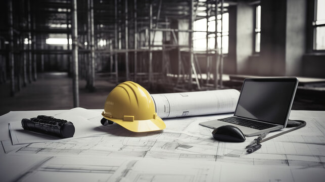 Construction, Blueprints, Helmet, Computer, Site, Safety, Project, Plans, Design, Architecture, Engineering, Construction site, Building, Contractor, Workers, Tools, Materials, Worksite, Safety regula