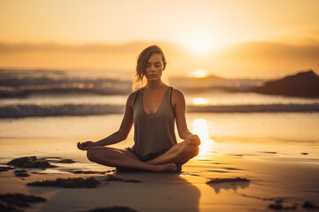 Fototapeta premium Young woman practicing yoga on the beach at sunrise. Created with Generative AI technology.