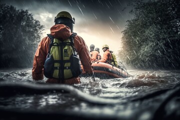 Rescuers search for people trapped in floods using rubber boats, Generative AI