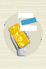 Creative template collage of human hand showing smart gadget notification from telegram channel...