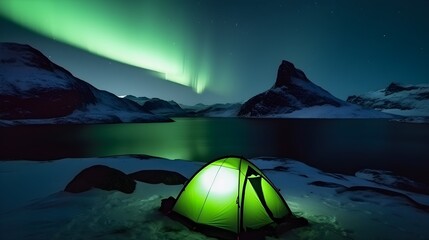 Camping in the mountains in iceland at night with polar lights view - Generative AI 