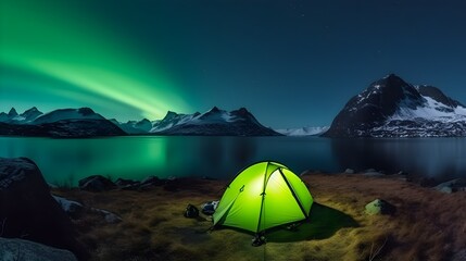 Fototapeta na wymiar Camping in the mountains in iceland at night with polar lights view - Generative AI 