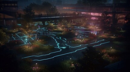 Future City Park Glows with AI-Powered Irrigation and Neural Networks in Night-time Landscape of Neon Lights and Glowing Plants, Generative AI
