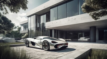 Fototapeta na wymiar Experience Opulence and Style with a Luxury House and Bright-Light Supercar Outdoor - A Perfect Blend of Beauty and Speed, Generative AI