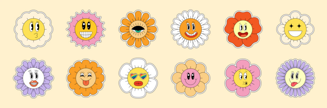 Hippie chamomile smiley characters good vibes. Funny retro daisy collection. Psychedelic flower faces in positive vintage cartoon style. Trendy groovy y2y pop sticker pack design. Vector eps elements