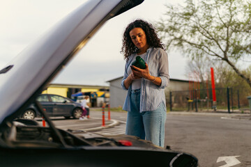 A young woman stands in front of a car with the hood up and reads the instructions on how to change...