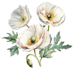 Bouquet white flowers Poppies Watercolor Illustration  Generative AI, digital art - obrazy, fototapety, plakaty