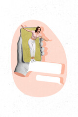 Vertical collage image of arm hold smart phone screen mini excited girl balancing empty space dialogue message bubble isolated on creative background