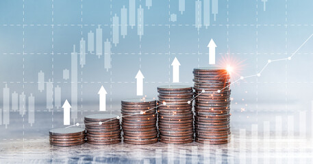Double exposure saving and investment concept, Close up of rows of coins for finance and banking...