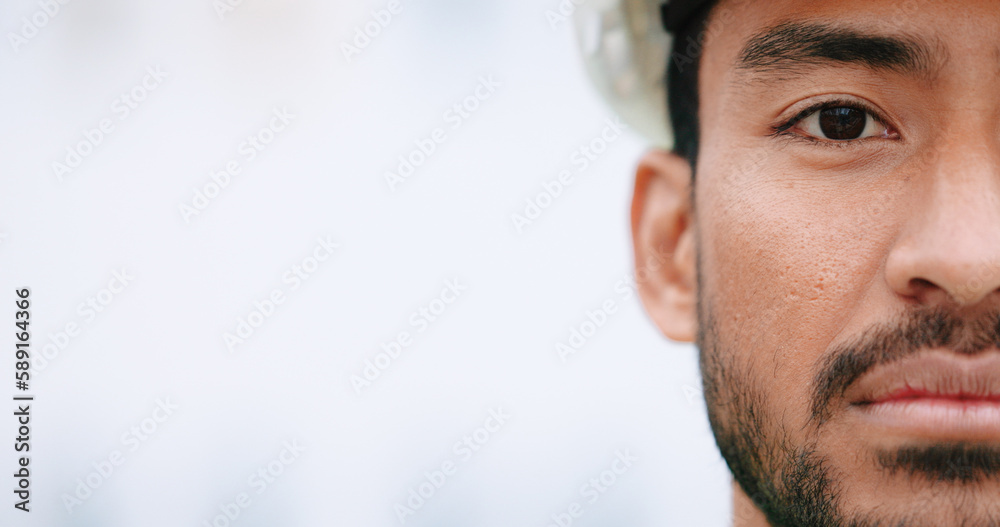 Poster Face of construction manager wearing hardhat while standing outside on site with copy space. Closeup of civil engineer worker doing maintenance and repair work for building project