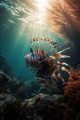 Illustration of a colourful tropical lionfish swimming in a coral reef created with Generative AI technology