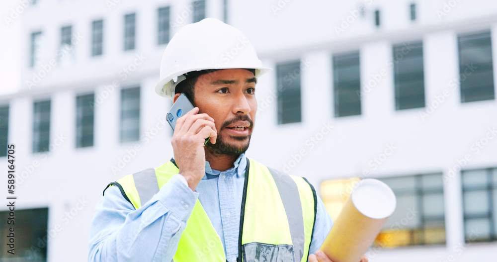 Aufkleber Civil engineer on a phone call while at a construction site discussing a strategy and plan to work on. Close up portrait of confident architect talking with building in the background and copy space