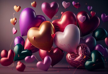 Valentinstag: Hintergrund mit vielen bunten Herzen, die davonfliegen. Sehen aus wie Ballons. Generative AI - obrazy, fototapety, plakaty