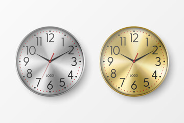 Vector 3d Realistic Round Metal Wall Office Clock with Metal Dial Icon Set. Gray and Yellow Metal Watches - Silver, Steel, Gold. Design Template, Mock-up for Branding, Advertise. Front View