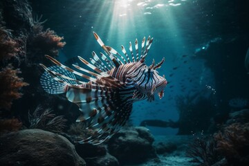 Illustration of a colourful tropical lionfish swimming in a coral reef created with Generative AI technology