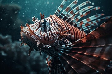 Fototapeta na wymiar Illustration of a colourful tropical lionfish swimming in a coral reef created with Generative AI technology