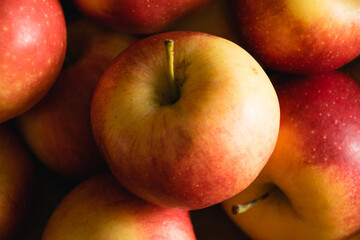 Fototapeta na wymiar Flatlay, fruit background, delicious red apple macro