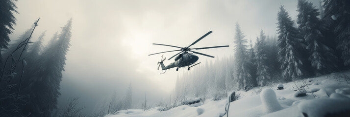 Fototapeta na wymiar A black helicopter in winter mountains, in a covert, undercover mission feeling. Generative AI. 