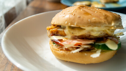 Homemade hamburgers with chicken meat. Close-up of a homemade burger on a plate