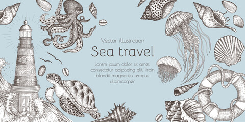 Vector nautical banner template in engraving style. Lighthouse surrounded by waves, lifebuoy, shells, octopus, sea turtle, jellyfish © Viktoriia Holovko