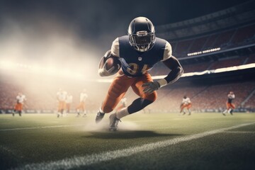American Football Player Scores a Touchdown.American football player celebrates scoring a touchdown in front of a roaring stadium crowd Generative AI