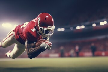 American Football Player Scores a Touchdown.American football player celebrates scoring a touchdown in front of a roaring stadium crowd Generative AI - obrazy, fototapety, plakaty