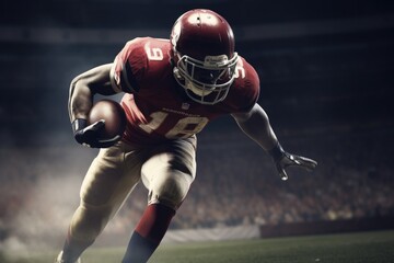 American Football Player Scores a Touchdown.American football player celebrates scoring a touchdown in front of a roaring stadium crowd Generative AI