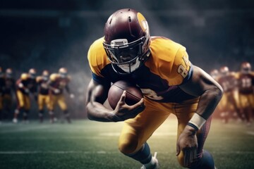 American Football Player Scores a Touchdown.American football player celebrates scoring a touchdown in front of a roaring stadium crowd Generative AI