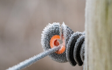 Closeup of a frozen electric fence