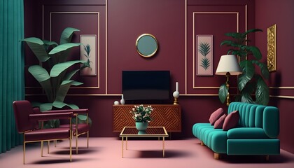 Interior decoration concept from the 1980s. The stylish living room seen from the front, with a vintage sofa and armchairs. Vintage furnishings and a comfortable couch in a mod, Generative AI