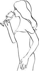 Romantic woman with a glass of wine. Girl Drinks Champagne. Abstract Linear Silhouette on White. Woman with Glass. Modern Line Drawing for Glamour Logo Minimal Style, 