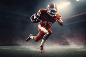 American Football Player Scores a Touchdown.American football player celebrates scoring a touchdown in front of a roaring stadium crowd Generative AI