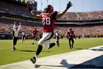 Fototapeta premium American Football Player Scores a Touchdown.American football player celebrates scoring a touchdown in front of a roaring stadium crowd Generative AI